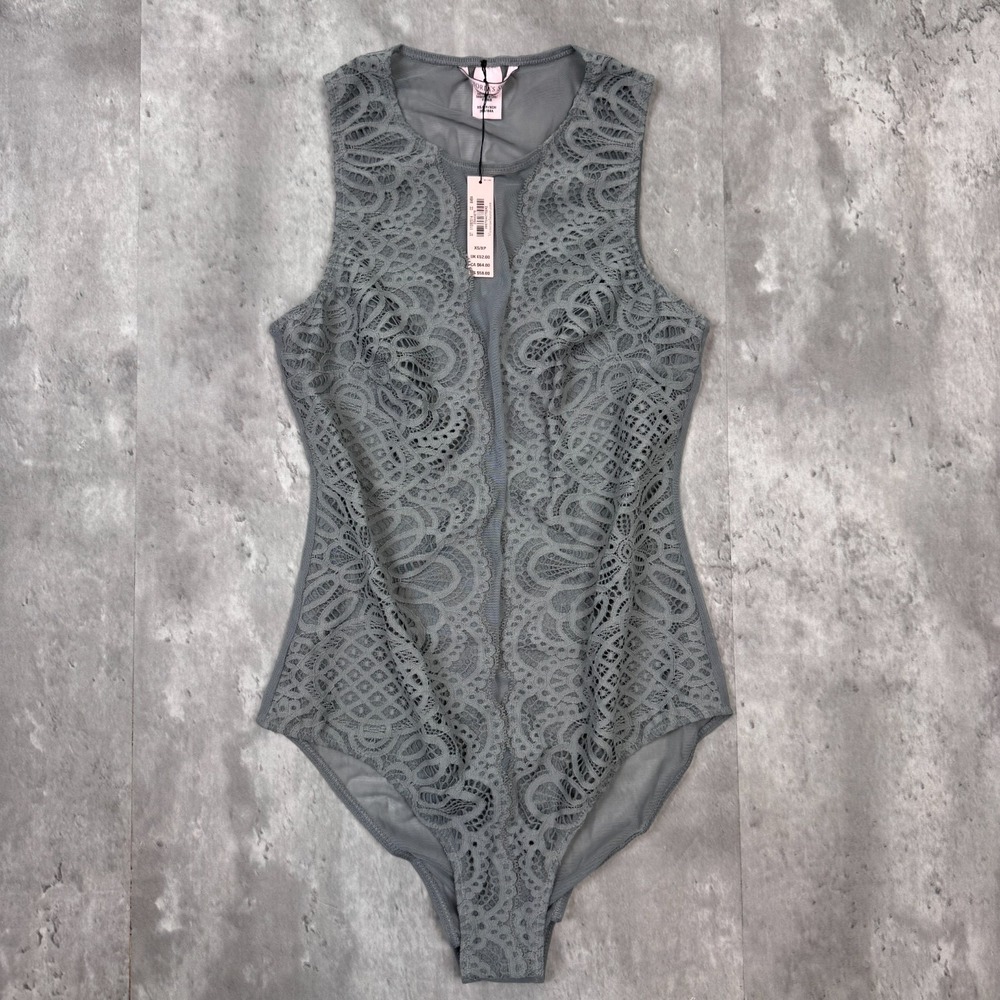 Victorias Secret Lingerie Mesh Lace‎ Bodysuit Womens XS Gray V Teddy Halter NWT